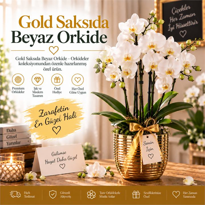 Gold Saksıda Beyaz Orkide