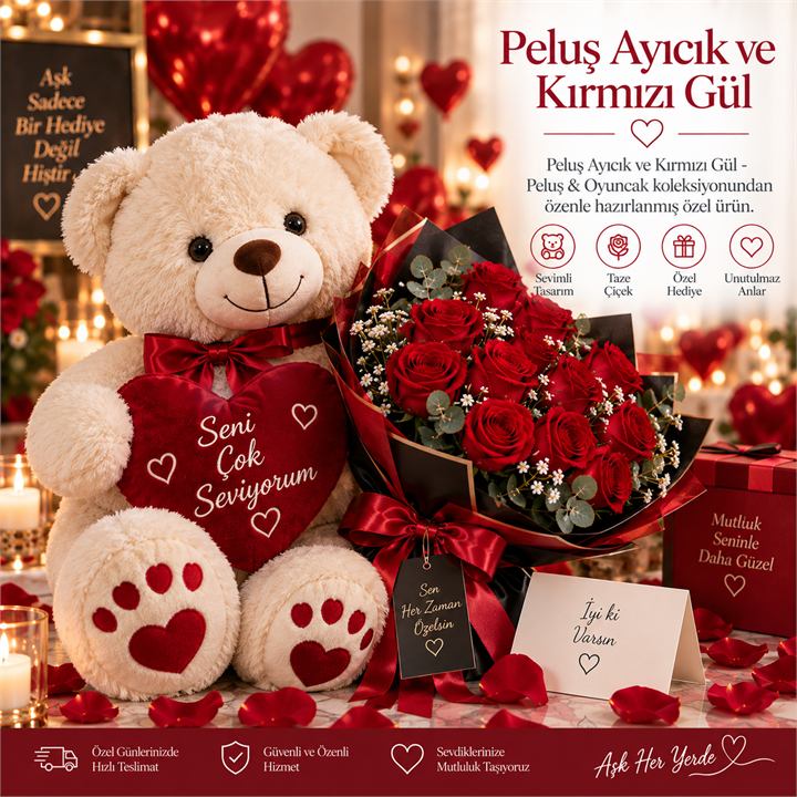Peluş Ayıcık ve Kırmızı Gül