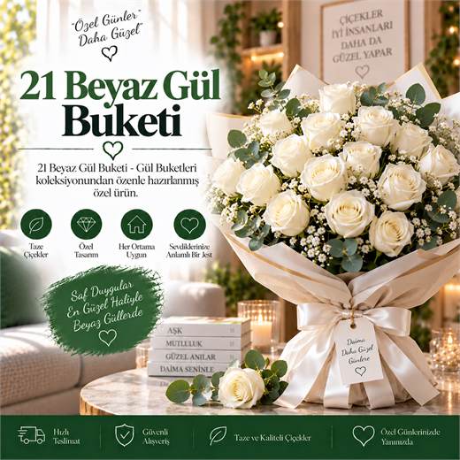 21 Beyaz Gül Buketi